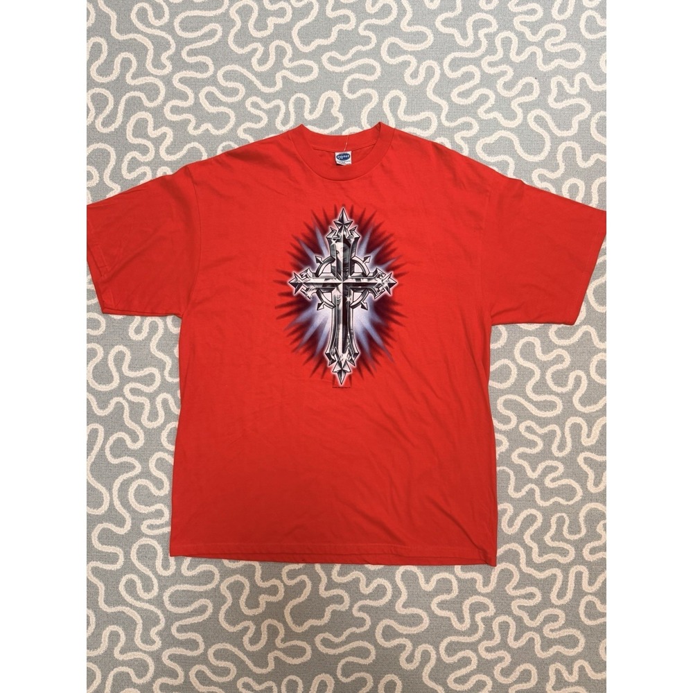 Vintage Gothic Cross T Shirt Size 2XL Cygnus ODM Red Y2K Y3K 2000s Graphic
